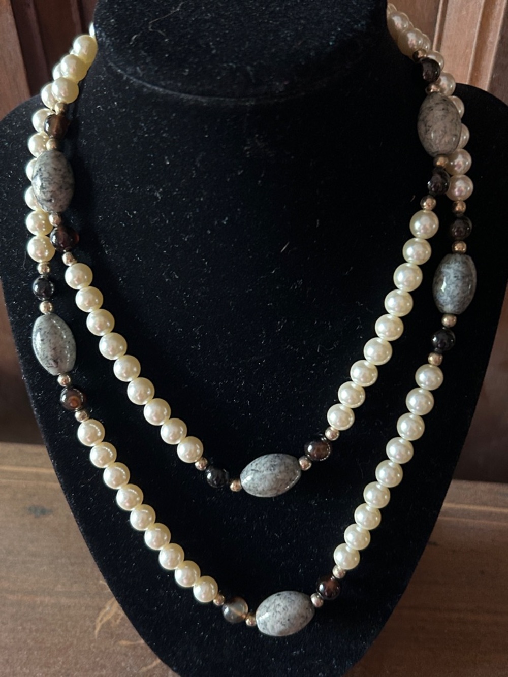Pearl and Gray Stone Single Strand Necklace